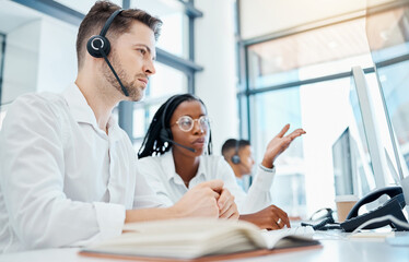 Aufkleber - Call center, customer service and leader training employee on telemarketing strategy on contact us computer in office. Coaching, talking or collaboration teamwork thinking and planning of crm support