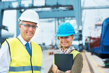 Portrait shipping, logistics and cargo delivery workers smile at a dock in the supply chain industry. Contain export management or employee collaborate to get the package or stock transport on boat