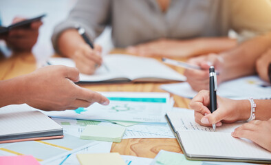 Poster - Target audience, research and hands with marketing paper, notebook and post it sticky note on office desk or table. Closeup teamwork, collaboration and brand strategy while writing media advertising