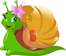 Beautiful Green Snail With A Golden Shell Cartoon Illustration