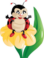 Wall Mural - A happy little black red ladybug on the yellow flower design animal cartoon 