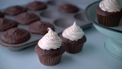 Wall Mural - chocolate cupcake with white icing on blue background