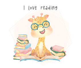 Wall Mural - cute watercolor happy nerdy kid giraffe reading many books, I love reading, back to school cartoon childhood animal wildlife watercolor vector