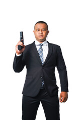 Portrait of a pottrade, a gunman wearing a black suit and holding a pistol isolated included with clipping path.