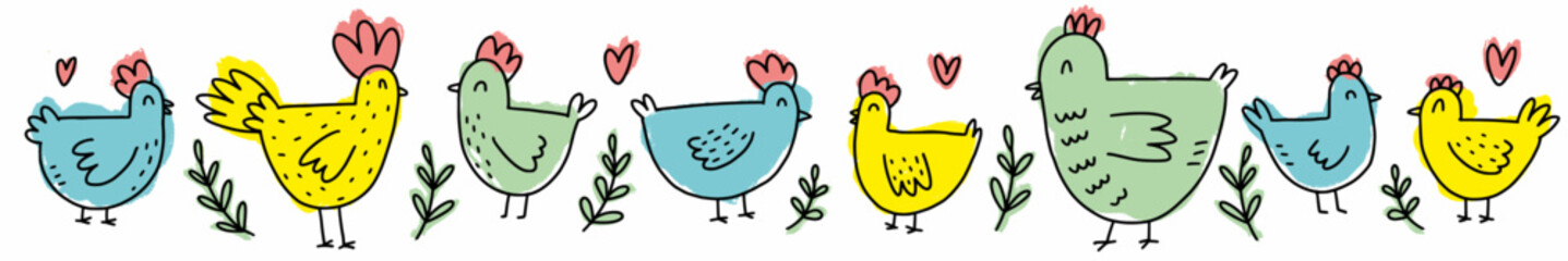 Wall Mural - A hand-drawn set of cute chickens. Vector illustration of poultry drawn in the style of doodles.