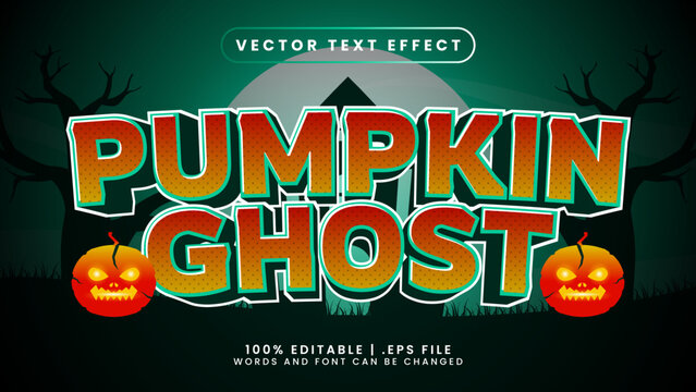 Pumpkin ghost halloween 3d editable text effect with moon and castle green background