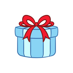 Sticker - Round gift box with bow cartoon. Christmas or birthday present illustration.