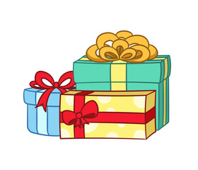 Sticker - Gift boxes with bow cartoon clipart. Christmas or birthday present illustration.