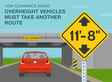 Safe Driving Tips And Traffic Regulation Rules. "Low Clearance" Ahead, Overheight Vehicles Must Take Another Route. Red Car Is Reaching A Low Bridge. Flat Vector Illustration Template.