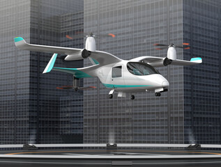 Wall Mural - Electric VTOL passenger aircraft taking off from the helipad. Urban Passenger Mobility concept. 3D rendering image.