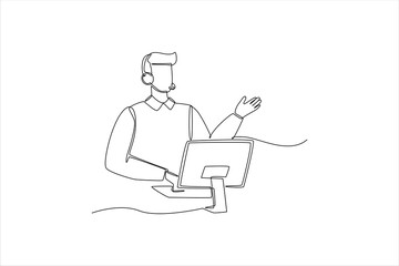 Poster - Single one line drawing Operator with headset and computer doing live feedback. Customer service concept. Continuous line draw design graphic vector illustration.