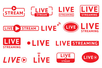 Aufkleber - Live stream, broadcast and online event icon. Education in radio studio, graphic livestream media channel logo, tv button. Streaming red labels and stickers. Vector background text