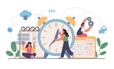 Poster - Work schedule. Efficient time management banner. Alarm clock and month calendar. Slide for advertising. People planning business tasks. Deadline or agenda. Vector illustration concept