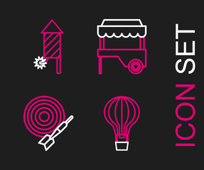 Poster - Set line Hot air balloon, Classic dart board and arrow, Fast street food cart with awning and Firework rocket icon. Vector