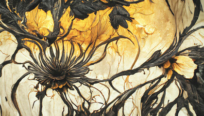 Poster - Abstract Sunflowers torn asunder wallpaper with black paint. 3D illustration