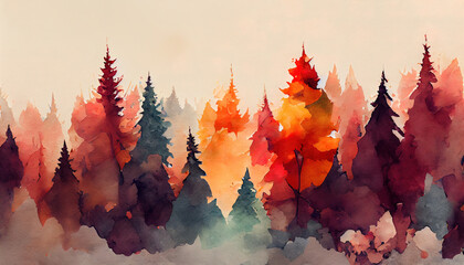 autumn forest landscape. colorful watercolor painting of fall season. red and yellow trees. beautifu