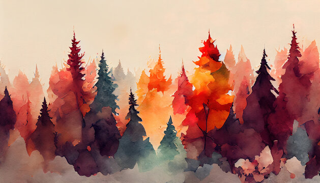 Wall Mural -  - Autumn forest landscape. Colorful watercolor painting of fall season. Red and yellow trees. Beautiful leaves, pine trees. Minimal elegant flat scenery. Artistic natural scenery. Vintage pastel colors.
