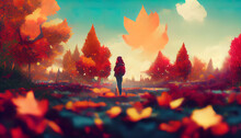 Girl In A Forest During Fall Season. Anime, Manga, Cartoon Digital Painting Of Autumn Season. A Girl Wandering In A Beautiful Scenery. Orange Trees, Dead Leaves Flying. Nature, Park, Outdoor Landscape