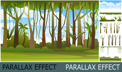 Wall Mural - jungle illustration. sky. dense wild-growing tropical plants with tall, branched trunks. rainforest 