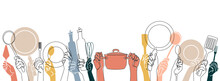 Cooking Background. Kitchen  Pattern. People Holding Different Utensils. Restaurant Poster. Vector Illustration. 