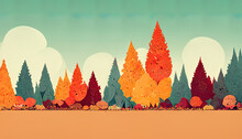 Fun Flat Cartoon Autumn Landscape. Fall Season With Colorful Pines And Trees. Blue Sky With Clouds. Red, Orange, Yellow Autumn Forest.