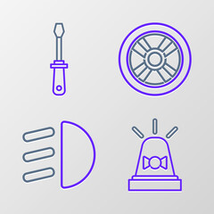 Poster - Set line Flasher siren, High beam, Car wheel and Screwdriver icon. Vector