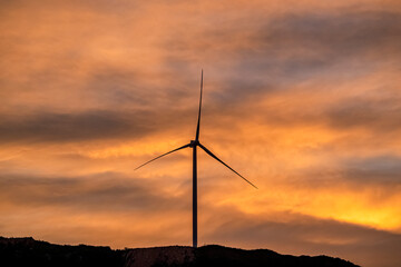 Landscape with Turbine Green Energy Electricity, Windmill for electric power production, Wind turbines generating electricity on mountain at Quy Nhon, Binh Dinh, Vietnam. Clean energy concept.