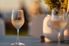 Wine Glasses With A Cool Delicious Champagne Or White Wine.