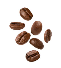 Wall Mural - Roasted coffee beans flying isolated on white background, Clipping parh.