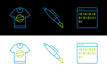 Poster - Set line Binary code, T-shirt and Fountain pen nib icon. Vector