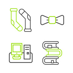 Poster - Set line Book, Monitor with keyboard, Bow tie and Socks icon. Vector