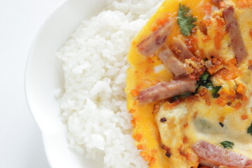 Wall Mural - Chinese food, roasted pork and coriander omelet on rice for lunch food image