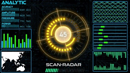 Wall Mural - abstract colorful HUD radar animation on black background. Radar Screen Detected for Battle. Radar HUD With Object On Screen. Futuristic HUD Navigation monitor, Sonar Detect Battle Ship	