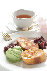 Wall Mural - French toast severed with red bean paste and Green tea Ice-cream