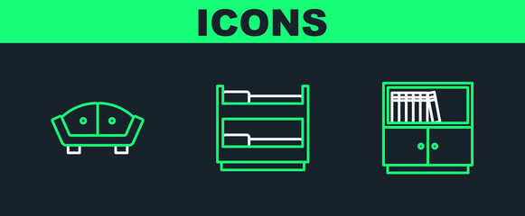 Canvas Print - Set line Library bookshelf, Sofa and Bunk bed icon. Vector