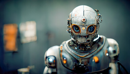 scary robot android. old metal, mechanisms, gears