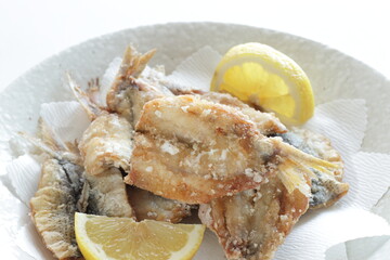 Wall Mural - Japanese food, deep fried spotted sardine fish served with lemon