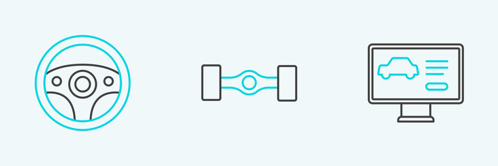 Sticker - Set line Diagnostics condition of car, Steering wheel and Chassis icon. Vector