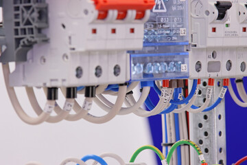 Connection of automatic current switches to protect electrical loads installed in the electrical panel. Soft focus.