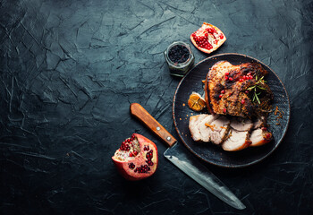 Wall Mural - Baked pork belly with herbs, space for text