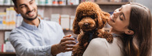 Cheerful Woman Holding Brown Poodle Near Blurred Muslim Salesman In Pet Shop, Banner
