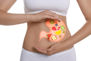 Sticker - Woman with image of stomach full of food drawn on her belly against white background, closeup. Healthy eating habits