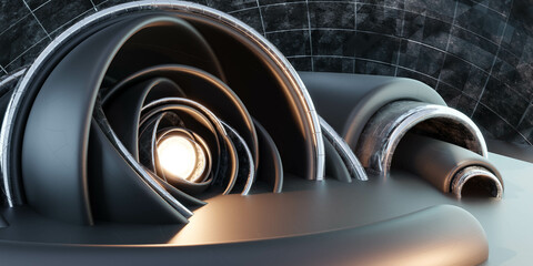 Poster - abstract technology design futuristic building dark orb sphere with glowing light and metal parts 3d render illustration