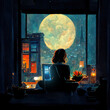 © Alex - The girl is working on a laptop. At night in front of the window. Focused work at night. Full moon, sparkling night city. Illustration concept drawing.
