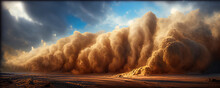 Dramatic Sand Storm In Desert, Thunderstorm, Lightning. Abstract Background. Digital Art.