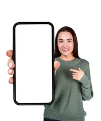 Poster - Young woman pointing at large phone blank display, isolated over