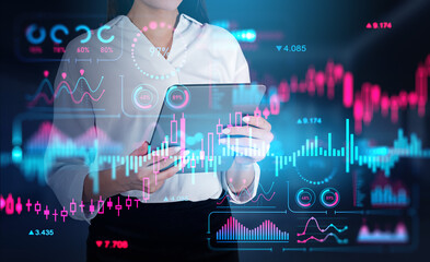 Poster - Businesswoman using tablet, stock market graph chart with forex diagrams