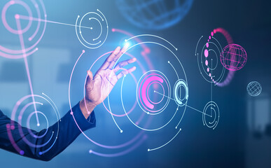 Poster - African businessman finger touch metaverse hologram, online connection