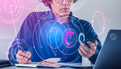 Poster - Businessman working with phone and take note, digital metaverse hologram