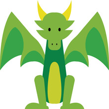 Cartoon-style Green Dragon Sitting With The Wings Opened On The White Background
